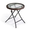 Outdoor Side Table, Round Rattan Patio Side Table, Small Foldable Wicker Table with Tempered Glass Table Top for Lawn Garden Balcony Porch Deck Pool,