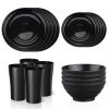 Black Dinnerware Set for 4, 16 Pack Plastic BPA-Free Dinner Plates, Salad Plates, Cereal Bowls, Cups, Unbreakable Plates and Bowls Sets, Microwave an
