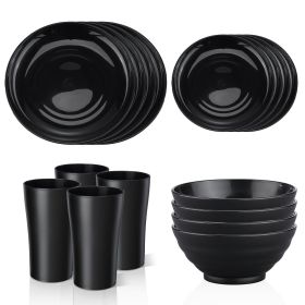 Black Dinnerware Set for 4, 16 Pack Plastic BPA-Free Dinner Plates, Salad Plates, Cereal Bowls, Cups, Unbreakable Plates and Bowls Sets, Microwave an
