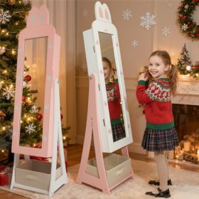 Pink rabbit-themed MDF cabinet with spray paint finish, 1 door and 1 drawer, children's jewelry and mirror cabinet