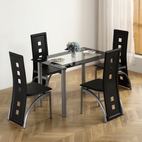[Same Code: D0102H26NXU] 5 Pieces Dining Table Set for 4, Kitchen Room Tempered Glass Dining Table, 4 Chairs, Black, Table legs are silvery