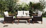 4-Piece Garden Furniture;  Patio Seating Set;  PE Rattan Outdoor Sofa Set;  Wood Table and Legs;  Brown and Beige