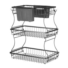 VEVOR 3 Tier Fruit Basket, Countertop Fruits Vegetable Bowl with Banana Hangers and Side Storage Basket, Metal Wire Storage Stand for Kitchen Counter