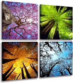 4 Panels Canvas Wall Art Spring Summer Autumn Winter Four Seasons Landscape Color Tree Painting Picture Prints Modern Giclee Artwork Stretched and Fr