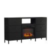 Black Embossed Fireplace TV Stand with 18 Inch Insert & 6 Fabric Drawers, RGB Lights, Industrial Iron-Wood Design Media Console, 58 x 11.8 x 31.3 Inc