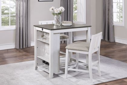 Transitional Design White and Gray Finish 3-piece Pack Counter Height Set Table w Display Shelf USB ports and 2x Counter Height Chairs Fabric Upholst