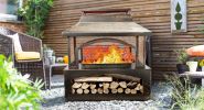 37-Inch Rectangular Metal Outdoor Wood Burning Fireplace - Outdoor Fireplace with Built-in Log Storage and Poker-Brushed Bronze,Log Burner Fire Pit f
