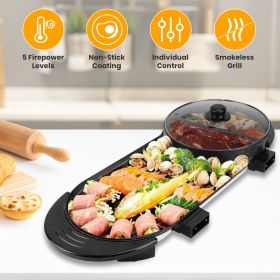 2 in 1 Electric Hot Pot with BBQ Grill Cooker 2200W Smokeless Non-Stick Korean BBQ Grill Shabu Hot Pot with Independent Temperature Control 5 Gears F