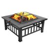 32 Inch Heavy Duty 3 in 1 Metal Square Patio Firepit Table BBQ Garden Stove with Spark Screen Cover Log Grate and Poker for Outside Wood Burning and