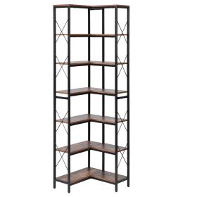 VEVOR 7 Tier Corner Bookshelf, 79" Tall Corner Bookcase with Heavy Duty Metal Frame & Wooden Shelves, Industrial Reversible L Shaped Corner Display S